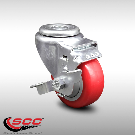 SERVICE CASTER 3 Inch SS Red Polyurethane Wheel Swivel Bolt Hole Caster with Brake SCC SCC-SSBH20S314-PPUB-RED-TLB